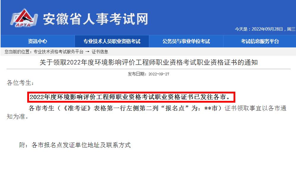 2022年安徽省环境影响评价师证书已发往各市